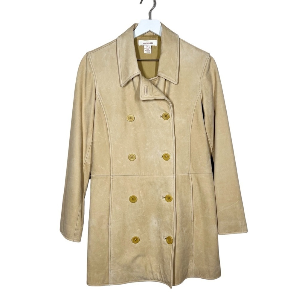 Sundance Women’s Genuine Leather Sueded Blonde Double Breasted Trench Peacoat